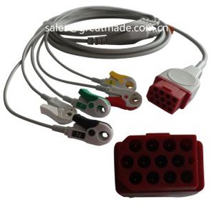 Samhæfður Bionet BM3 BM5 eins stykki hjartalínuritstrengur með vír, AHA, 5-blý, snap, rauður 12pin